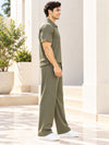 T.T. Men Poly Jacquard Co-Ord Set |Relaxed Fit| Half-Zip Collar T-Shirt And Wide-Leg Track Pants | Short Sleeve Top | Drawstring Waist -Green