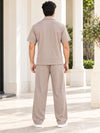 T.T. Men Poly Jacquard Co-Ord Set |Relaxed Fit| Short Sleeve Button-Down Shirt & Wide-Leg Trousers | Resort Collar | Drawstring Waist -Peach