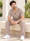T.T. Men Poly Jacquard Co-Ord Set |Relaxed Fit| Short Sleeve Button-Down Shirt & Wide-Leg Trousers | Resort Collar | Drawstring Waist -Peach