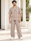 T.T. Men Poly Jacquard Co-Ord Set |Relaxed Fit| Short Sleeve Button-Down Shirt & Wide-Leg Trousers | Resort Collar | Drawstring Waist -Peach