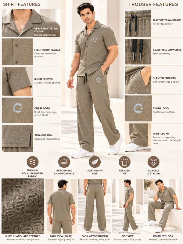T.T. Men Poly Jacquard Co-Ord Set |Relaxed Fit| Short Sleeve Button-Down Shirt & Wide-Leg Trousers | Resort Collar | Drawstring Waist -Khaki