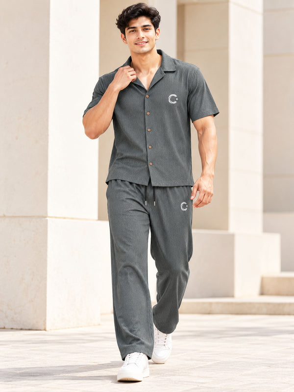 T.T. Men Poly Jacquard Co-Ord Set |Relaxed Fit| Short Sleeve Button-Down Shirt & Wide-Leg Trousers | Resort Collar | Drawstring Waist -Grey
