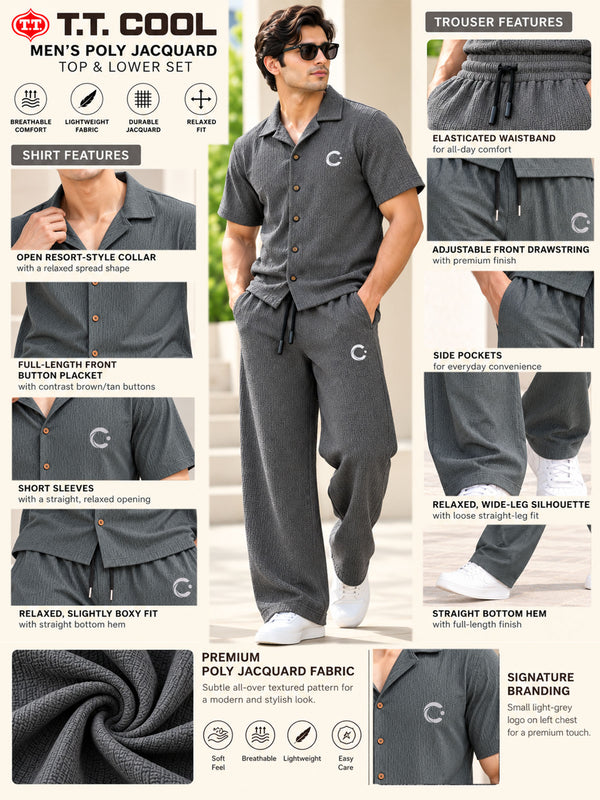 T.T. Men Poly Jacquard Co-Ord Set |Relaxed Fit| Short Sleeve Button-Down Shirt & Wide-Leg Trousers | Resort Collar | Drawstring Waist -Grey