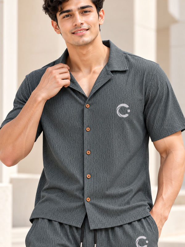 T.T. Men Poly Jacquard Co-Ord Set |Relaxed Fit| Short Sleeve Button-Down Shirt & Wide-Leg Trousers | Resort Collar | Drawstring Waist -Grey