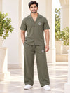T.T. Men Poly Jacquard Co-Ord Set |Relaxed Fit| Short Sleeve Button-Down Shirt & Wide-Leg Trousers | Resort Collar | Drawstring Waist -Green