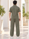 T.T. Men Poly Jacquard Co-Ord Set |Relaxed Fit| Short Sleeve Button-Down Shirt & Wide-Leg Trousers | Resort Collar | Drawstring Waist -Green
