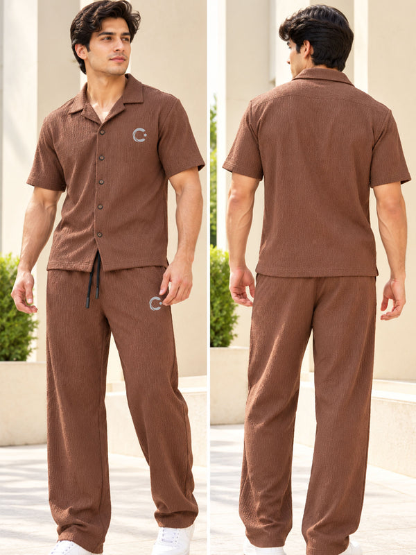 T.T. Men Poly Jacquard Co-Ord Set |Relaxed Fit| Short Sleeve Button-Down Shirt & Wide-Leg Trousers | Resort Collar | Drawstring Waist -Brown