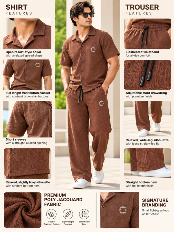 T.T. Men Poly Jacquard Co-Ord Set |Relaxed Fit| Short Sleeve Button-Down Shirt & Wide-Leg Trousers | Resort Collar | Drawstring Waist -Brown