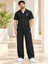 T.T. Men Poly Jacquard Co-Ord Set |Relaxed Fit| Short Sleeve Button-Down Shirt & Wide-Leg Trousers | Resort Collar | Drawstring Waist -Black