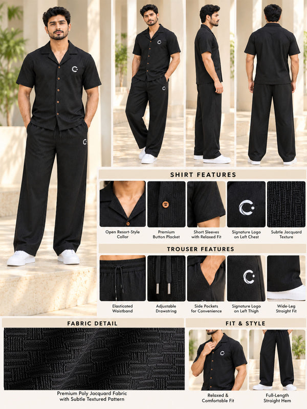 T.T. Men Poly Jacquard Co-Ord Set |Relaxed Fit| Short Sleeve Button-Down Shirt & Wide-Leg Trousers | Resort Collar | Drawstring Waist -Black