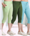 T.T. Women Regular Fit Poly Jersey Solid Capri Pack Of 3-Green-Olive-Turquoise