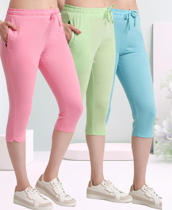 T.T. Women Regular Fit Poly Jersey Solid Capri Pack Of 3-Green-Pink-Turquoise