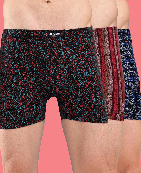 T.T. Men Desire Super Combed Cotton Printed Snug Fit Long Trunks For Men Pack Of 3 Black-Navy-Maroon