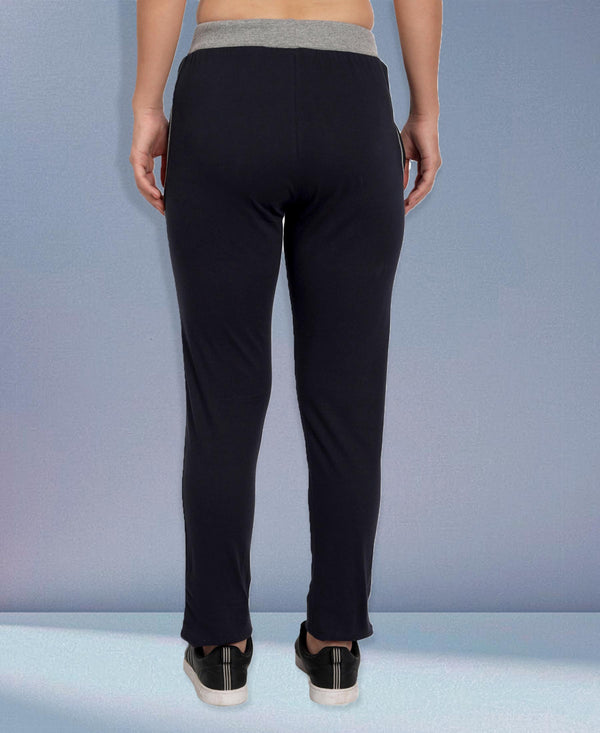 HiFlyers Women Comfort Fit Navy Solid Pure Cotton Track Pants