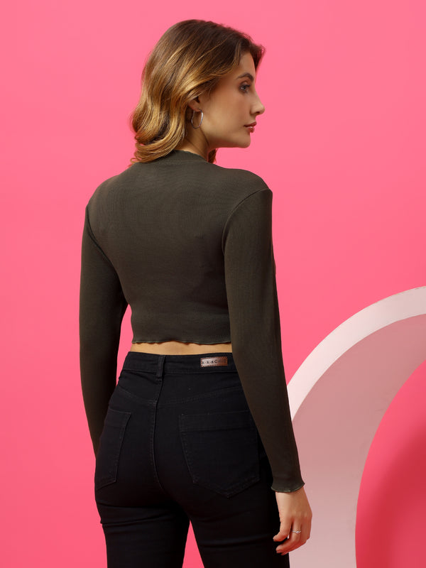 T.T. Women|Slim Fit Ribbed Top|Stretchable Cotton Rib Fabric| Trendy High Street Casual & Office Wear Full Sleeve Crop Tee|Desire Rib Tshirt For Women||Olive