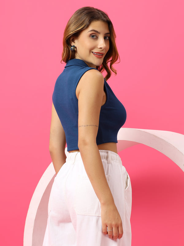 T.T. Women|Slim Fit Ribbed Tank Top|Stretchable Cotton Rib Fabric| Trendy High Street Casual & Office Wear Sleeveless Crop Tee|Desire Rib Polo Tshirt For Women||Airforce