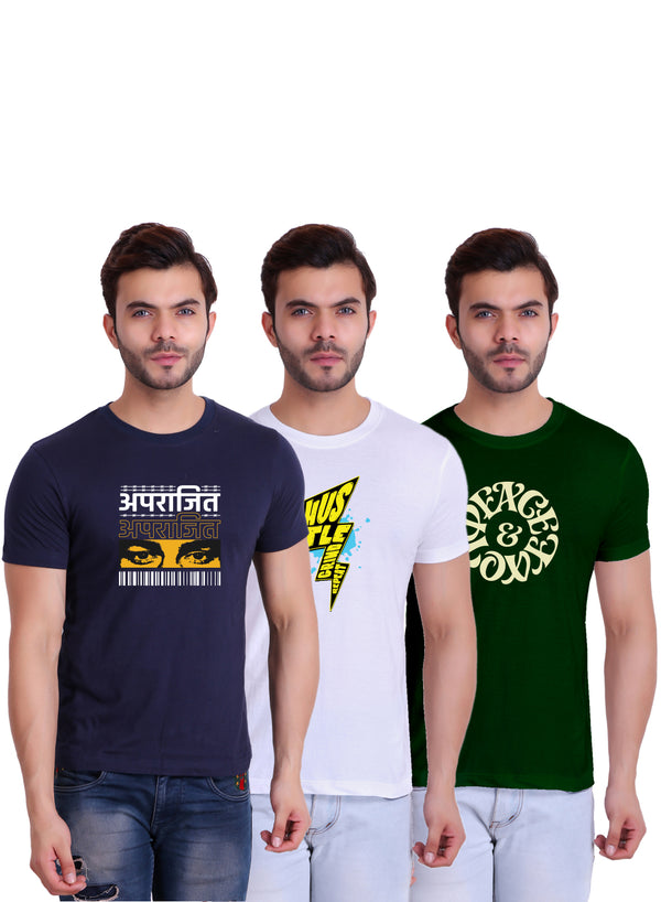 T.T. Men|Printed Tshirts For Men|Eco Friendly Recycled Fabric |Graphics Printed Tees|Round Neck|Half Sleeves|Cotton Blended Tees For Men|Regular Fit|Small Print|Pack Of 3|Navy-White-Olive