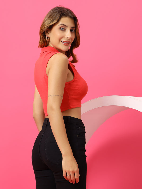 T.T. Women|Slim Fit Ribbed Tank Top|Stretchable Cotton Rib Fabric| Trendy High Street Casual & Office Wear Sleeveless Crop Tee|Desire Rib Polo Tshirt For Women||Carrot