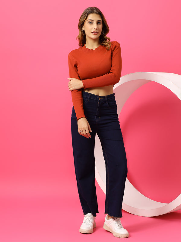 T.T. Women|Slim Fit Ribbed Top|Stretchable Cotton Rib Fabric| Trendy High Street Casual & Office Wear Full Sleeve Crop Tee|Desire Rib Tshirt For Women||Brown