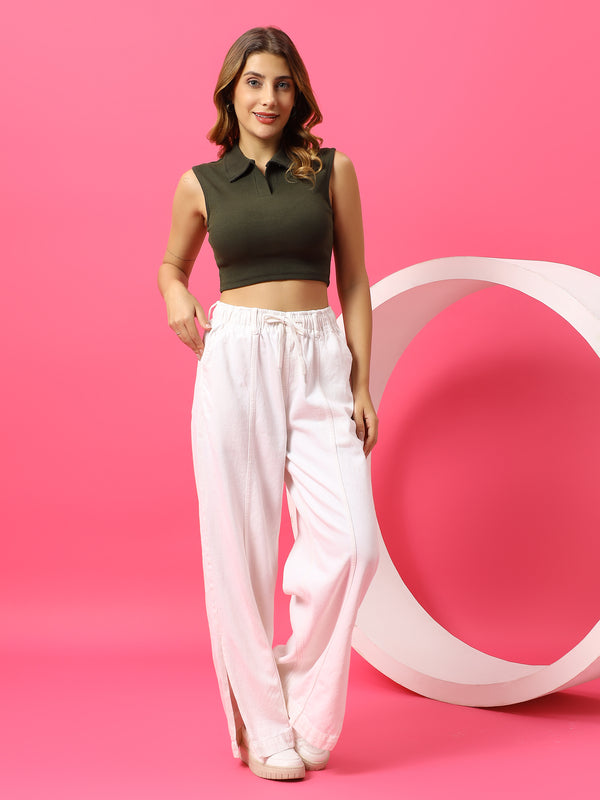 T.T. Women|Slim Fit Ribbed Tank Top|Stretchable Cotton Rib Fabric| Trendy High Street Casual & Office Wear Sleeveless Crop Tee|Desire Rib Polo Tshirt For Women||Olive