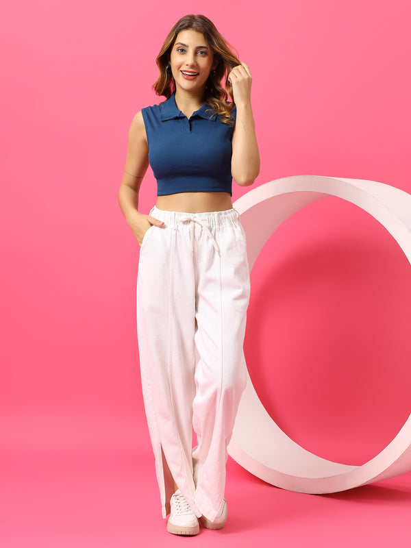 T.T. Women|Slim Fit Ribbed Tank Top|Stretchable Cotton Rib Fabric| Trendy High Street Casual & Office Wear Sleeveless Crop Tee|Desire Rib Polo Tshirt For Women||Airforce