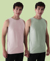 Almo Men’S Cotton Vest|Premium Melange Cotton|Regular Fit|Soft, Breathable, Fade-Resistant | Anti-Bacterial & Lightweight | Ideal For Gym/Sports Activities|Pack Of 2|Peach::Green