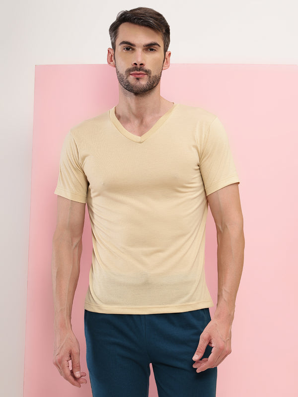 T.T Mens Regular FitPoly Jersey V-Neck Half Sleeve T-Shirt-Ivory