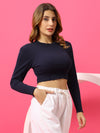 T.T. Women|Slim Fit Ribbed Top|Stretchable Cotton Rib Fabric| Trendy High Street Casual & Office Wear Full Sleeve Crop Tee|Desire Rib Tshirt For Women||Navy