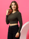T.T. Women|Slim Fit Ribbed Top|Stretchable Cotton Rib Fabric| Trendy High Street Casual & Office Wear Full Sleeve Crop Tee|Desire Rib Tshirt For Women||Olive