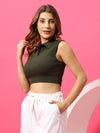 T.T. Women|Slim Fit Ribbed Tank Top|Stretchable Cotton Rib Fabric| Trendy High Street Casual & Office Wear Sleeveless Crop Tee|Desire Rib Polo Tshirt For Women||Olive