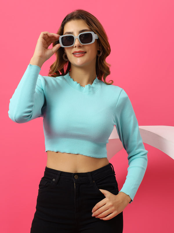 T.T. Women|Slim Fit Ribbed Top|Stretchable Cotton Rib Fabric| Trendy High Street Casual & Office Wear Full Sleeve Crop Tee|Desire Rib Tshirt For Women||Sea Green