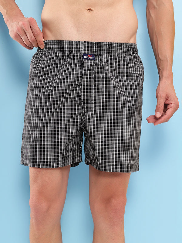 HiFlyers Men Regular Fit Checked Super Combed Cotton Woven Boxer Short Pack Of 1 Black