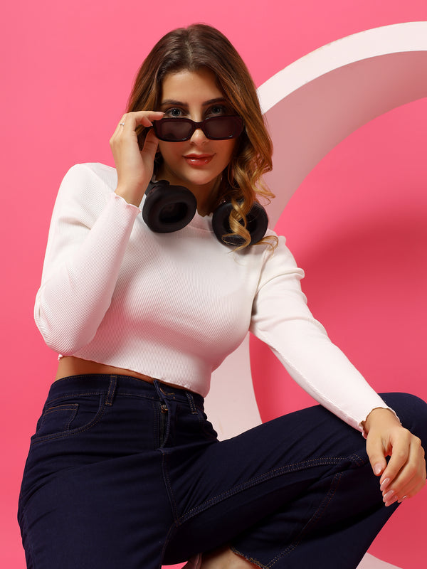 T.T. Women|Slim Fit Ribbed Top|Stretchable Cotton Rib Fabric| Trendy High Street Casual & Office Wear Full Sleeve Crop Tee|Desire Rib Tshirt For Women||White