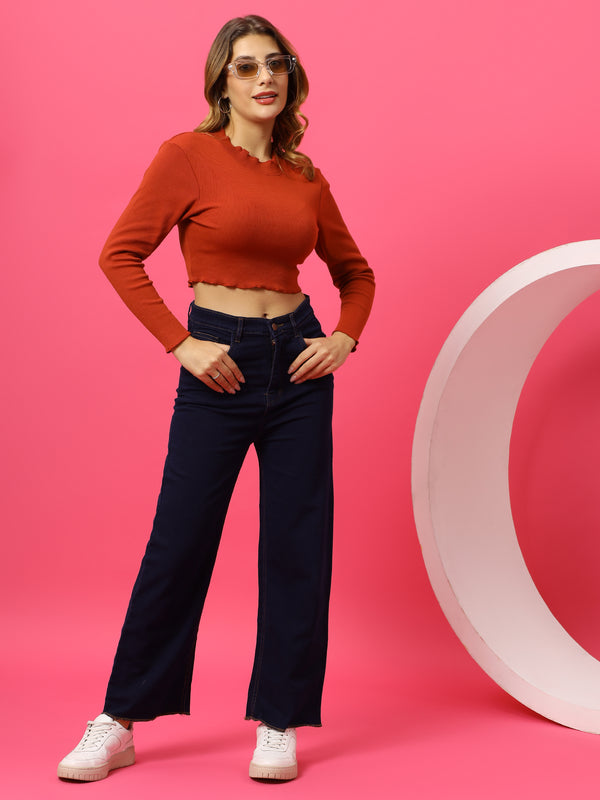 T.T. Women|Slim Fit Ribbed Top|Stretchable Cotton Rib Fabric| Trendy High Street Casual & Office Wear Full Sleeve Crop Tee|Desire Rib Tshirt For Women||Brown