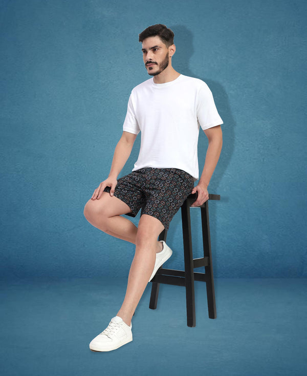 T.T. Men Regular Fit Cotton Polyster Printed Short With Zip Pocket Pack Of 1-Black