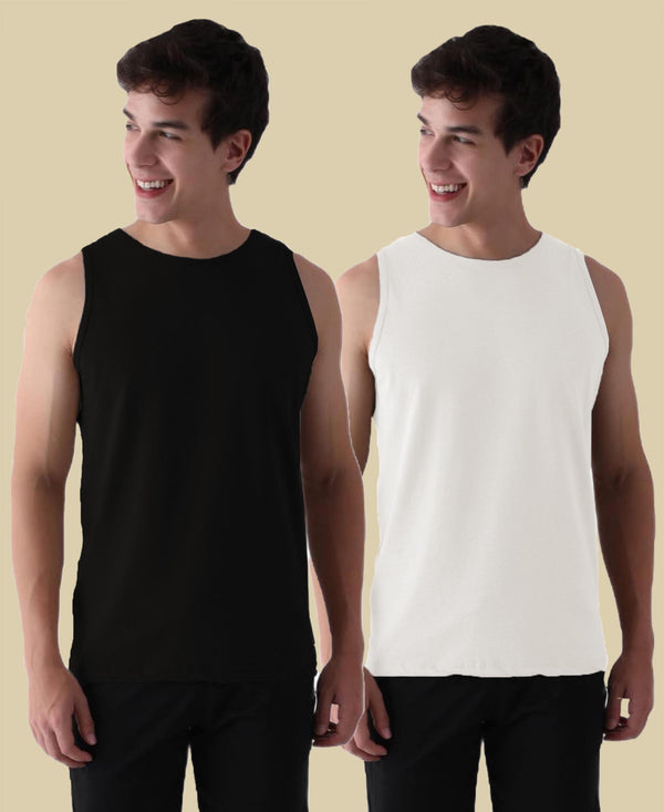 Almo Men’S Cotton Vest|Premium Melange Cotton|Regular Fit|Soft, Breathable, Fade-Resistant | Anti-Bacterial & Lightweight | Ideal For Gym/Sports Activities|Pack Of 2|Black::White