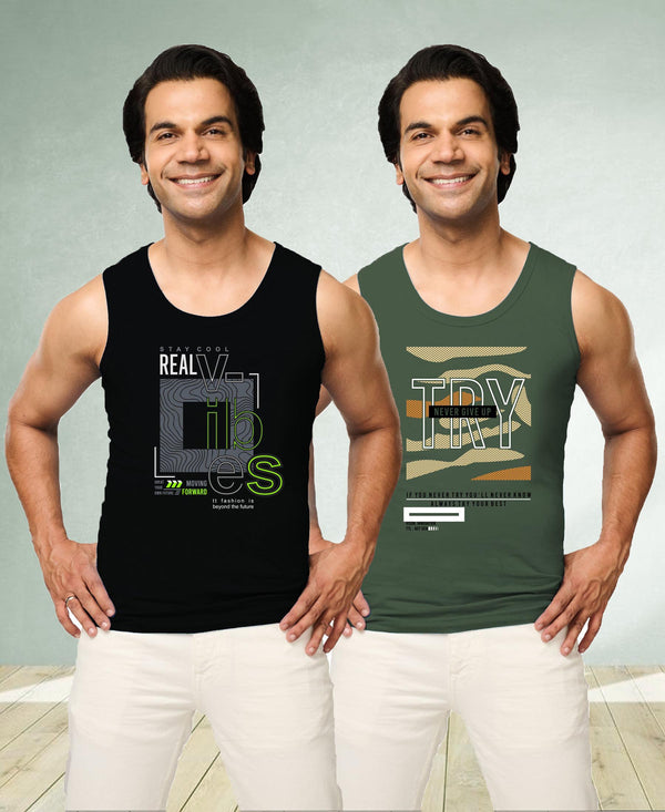 T.T. Men|Cool Tees|100% Cotton|Printed| Regular Fit |Round Neck Muscle Tshirts|Pack Of 2|Black::Olive
