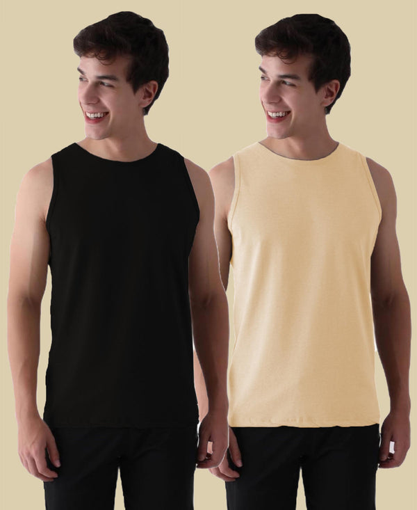 Almo Men’S Cotton Vest|Premium Melange Cotton|Regular Fit|Soft, Breathable, Fade-Resistant | Anti-Bacterial & Lightweight | Ideal For Gym/Sports Activities|Pack Of 2|Black::Tan