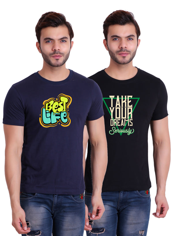 T.T. Men|Printed Tshirts For Men|Eco Friendly Recycled Fabric |Graphics Printed Tees|Round Neck|Half Sleeves|Cotton Blended Tees For Men|Regular Fit|Small Print|Pack Of 2|Navy-Black
