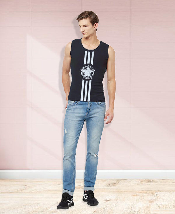 T.T. Men Cool Cotton Printed Regular Fit Round Neck Muscle Tees Pack Of 1 Navy