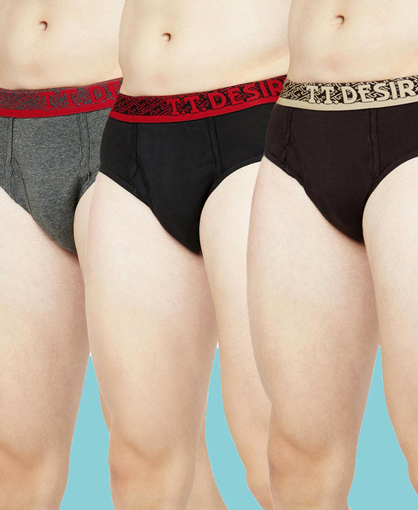 T.T. Mens Desire 100% Combed Cotton Front Open Brief Top Elastic Pack Of 3 Black-D Brown-Anthra