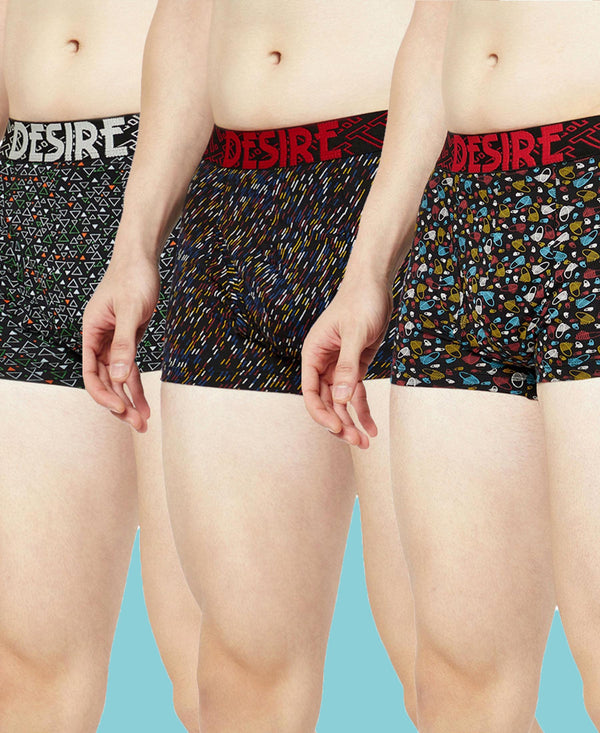 T.T. Mens Desire 100% Combed Cotton Printed Mini Top Elastic Trunk Pack Of 3 Black-Navy-Red
