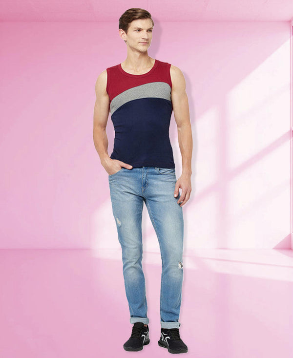 T.T. Men Designer Gym VestPack Of 2 Red-Blk-Navy-Grey