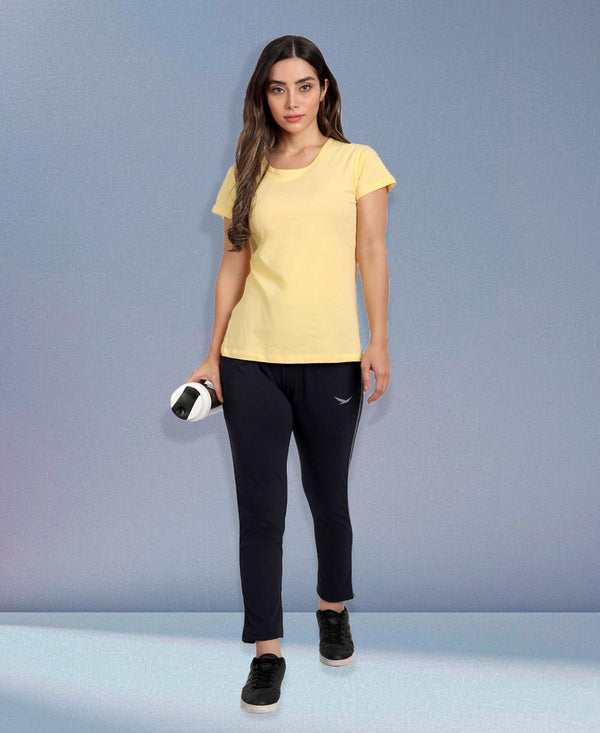 HiFlyers Women Comfort Fit Navy Solid Pure Cotton Track Pants