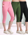 T.T. Women Regular Fit Poly Jersey Solid Capri Pack Of 3-Black-Olive-Pink