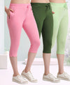 T.T. Women Regular Fit Poly Jersey Solid Capri Pack Of 3-Green-Olive-Pink