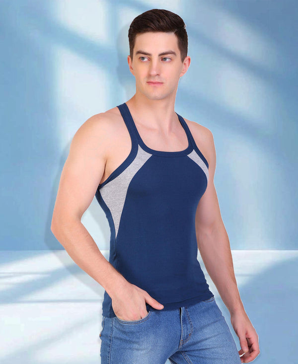 T.T. Men DesignerGym Vest Pack Of 2 Blue-Grey-Olive-Black