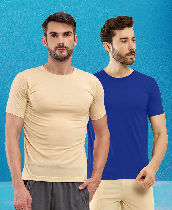 T.T. Men Slim Fit Poly Jersey Round Neck Half Sleeve T-Shirt Pack Of 2 Skin-Royal