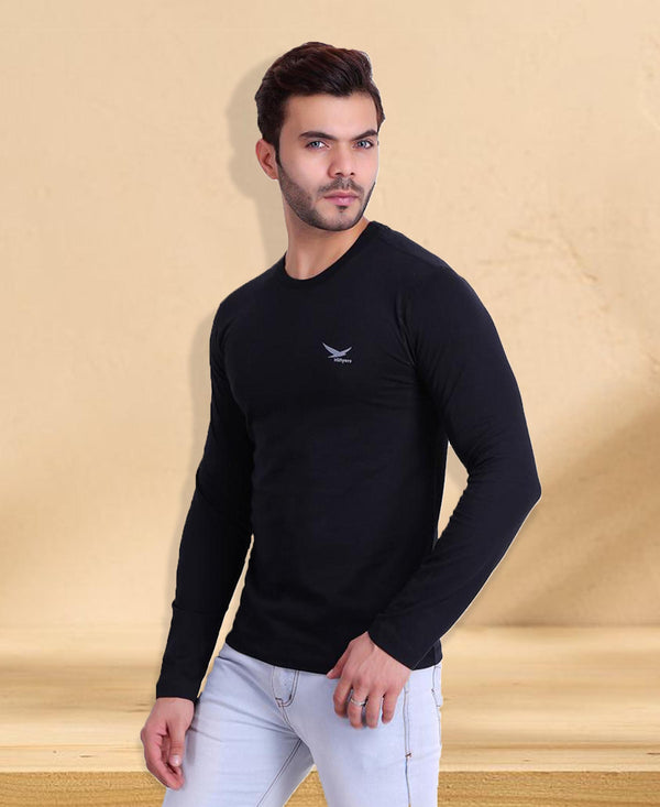 HiFlyers Men Round Neck Full Sleeve Solid Black Tshirts