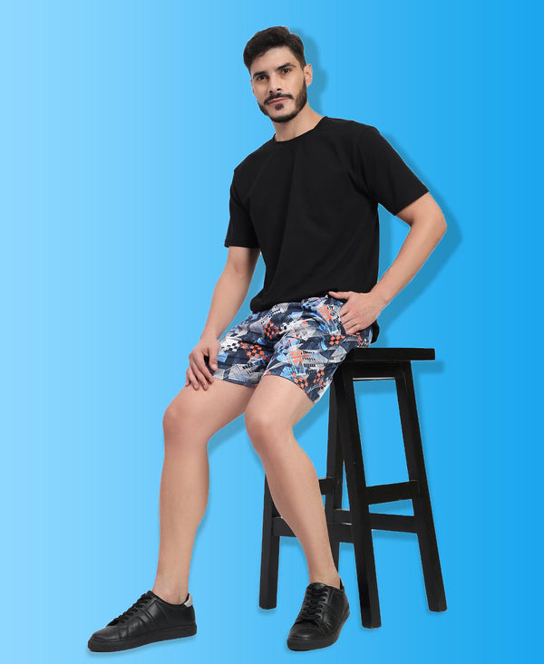 T.T. Men Regular Fit Cotton Polyster Printed Short With Zip Pocket Pack Of 1-Blue